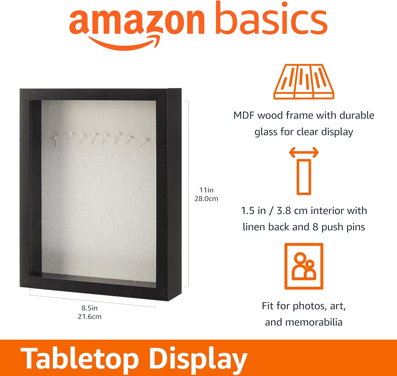 Amazon Basics 8.5" x 11" Shadow Box Wood Rectangular Frame for Display Photos, Memorabilia, Black