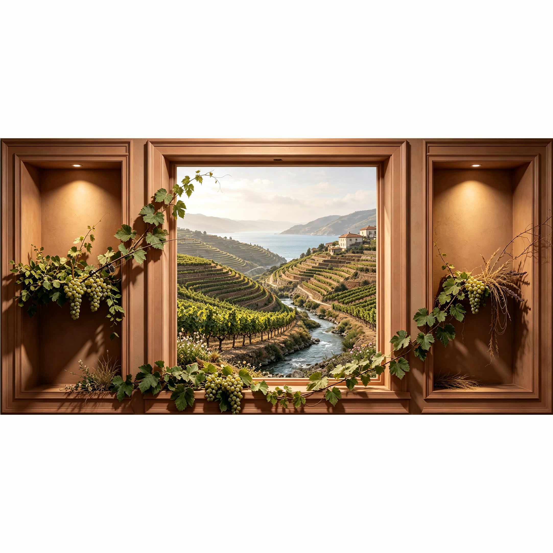 QZLITHOTIC 50x100cm 3D Framed Wall Art， Vineyard Terrace Landscape WaterActivated Peel & Stick Fabric Decor Wall Decal for Bedroom Living Room， Tuscan Mediterranean Nature View