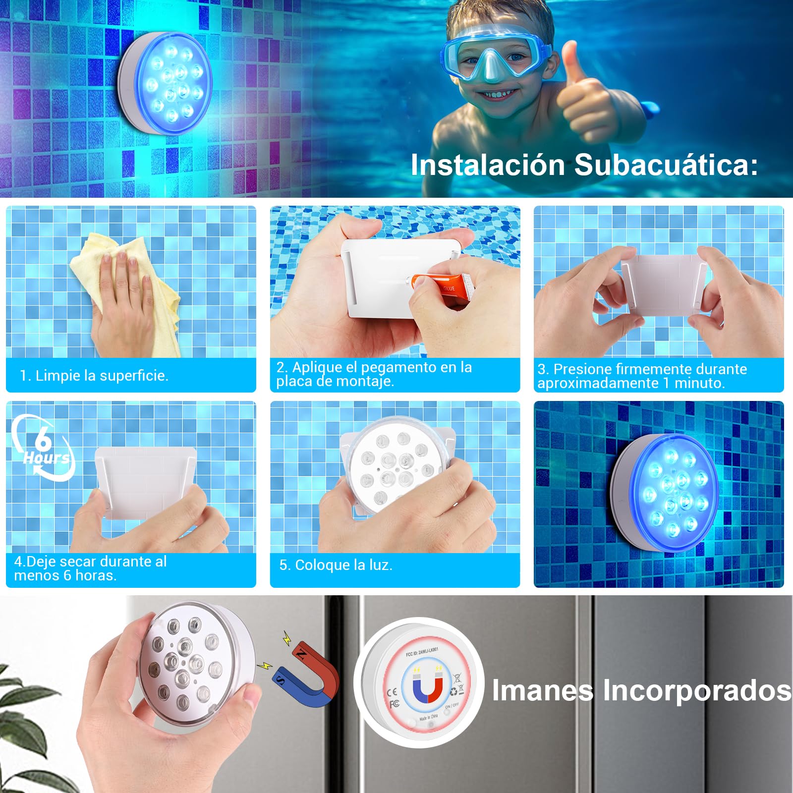 Czemo Luz subacuática recargable LED para piscina con imán, luz de piscina con mando a distancia, IP68, resistente al agua, para piscina, estanque, acuario, iluminación (multicolor, 4 unidades)