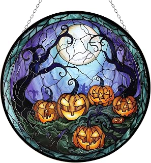 Moon Pumpkin Bat Stained Glass Style Acrylic Jigsaw Puzzle,Four Season Hand Painted Window Hanging Decor Suncatcher Gift for Women Christmas Thanksgiving 7.4 inch