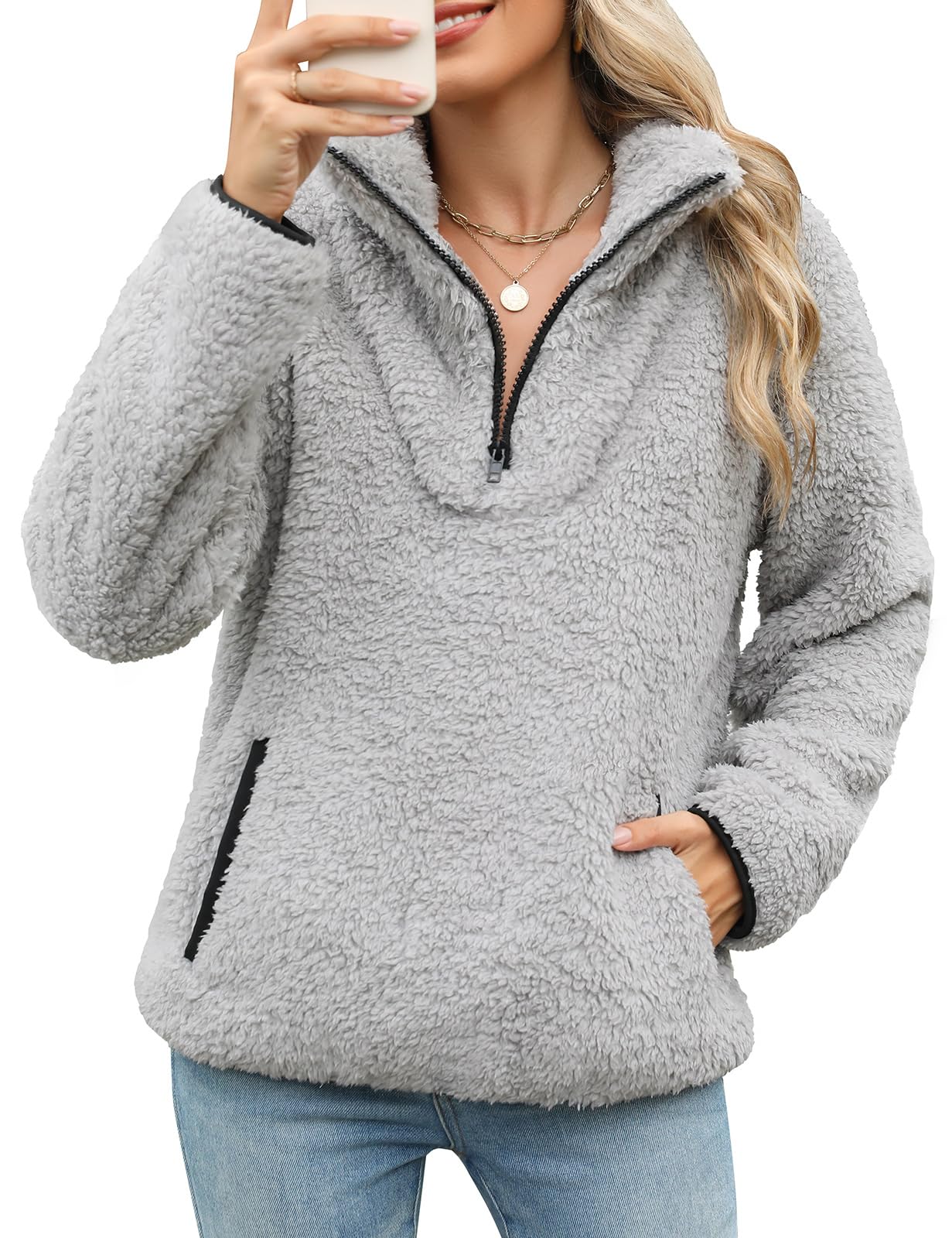 Sweater Grey Zip Up Fleece Womens OLLIE ARNES Women's Thermal Zip