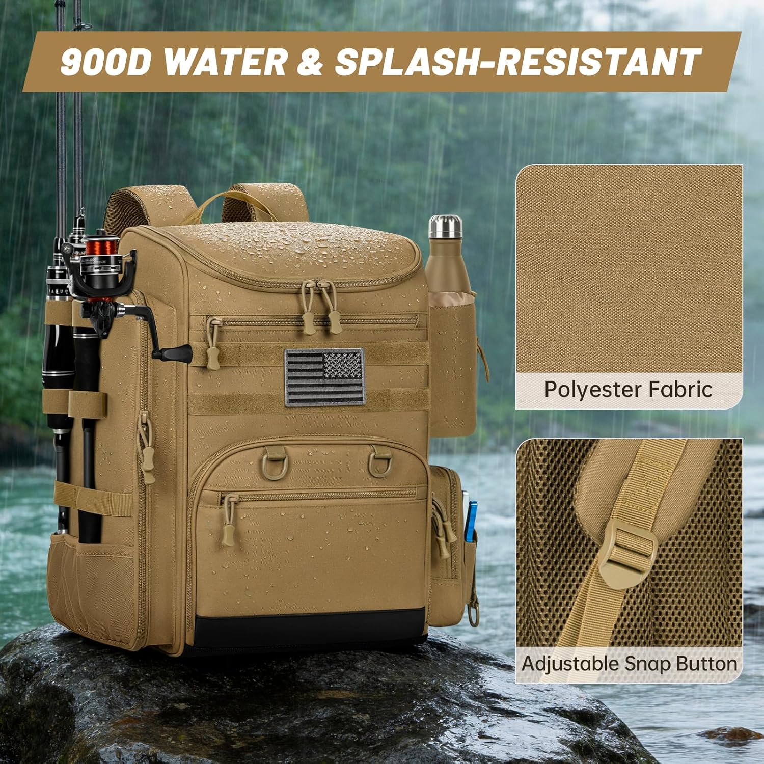 40L Fishing Backpack Water Resistant Fishing Tackle Bag with 2 Rod Holders, Tackle Storage Bag for Anglers(Khaki,Bag Only)