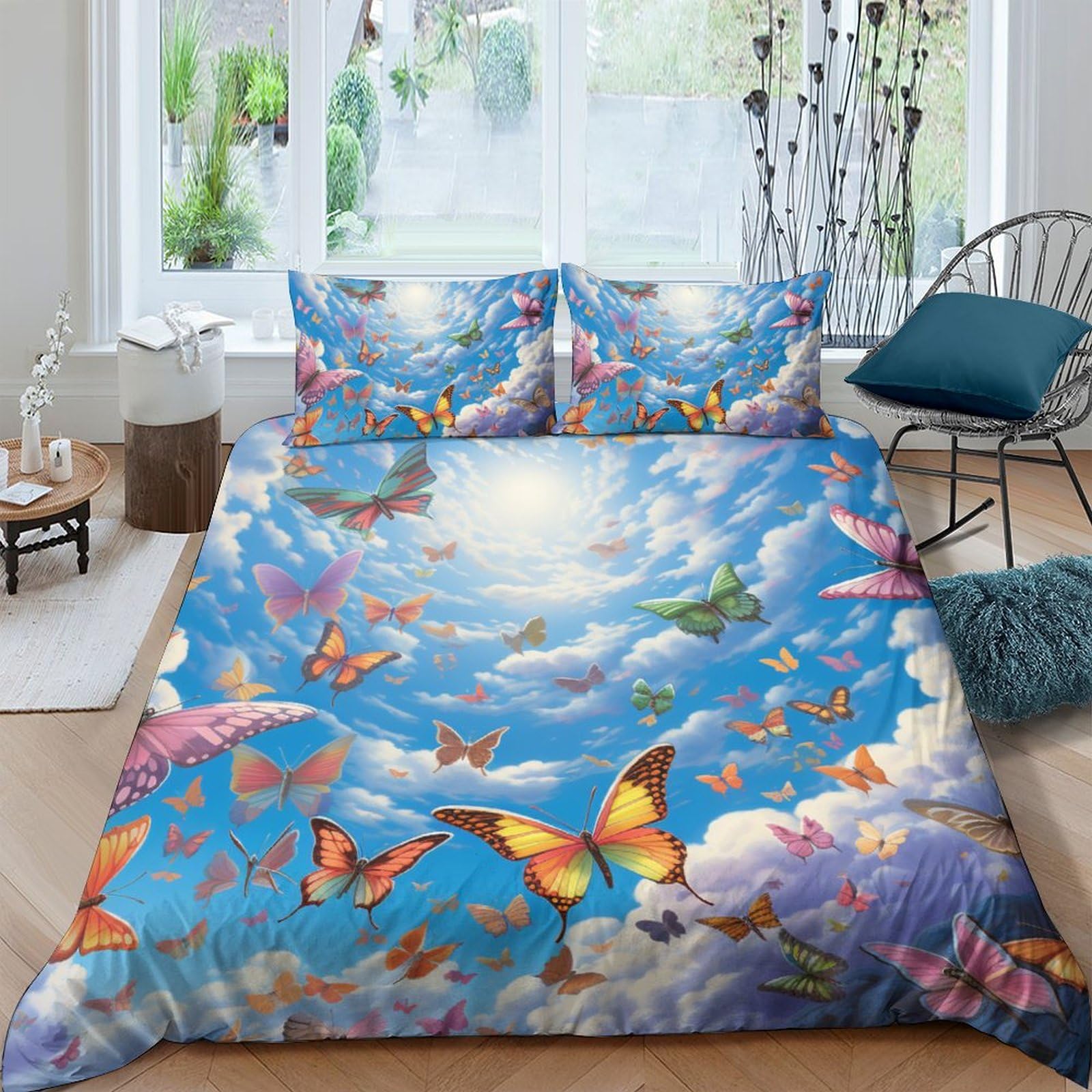 Parure de couette 200x200cm bleu avec taies d'oreiller microfibre imprimé papillon 3D