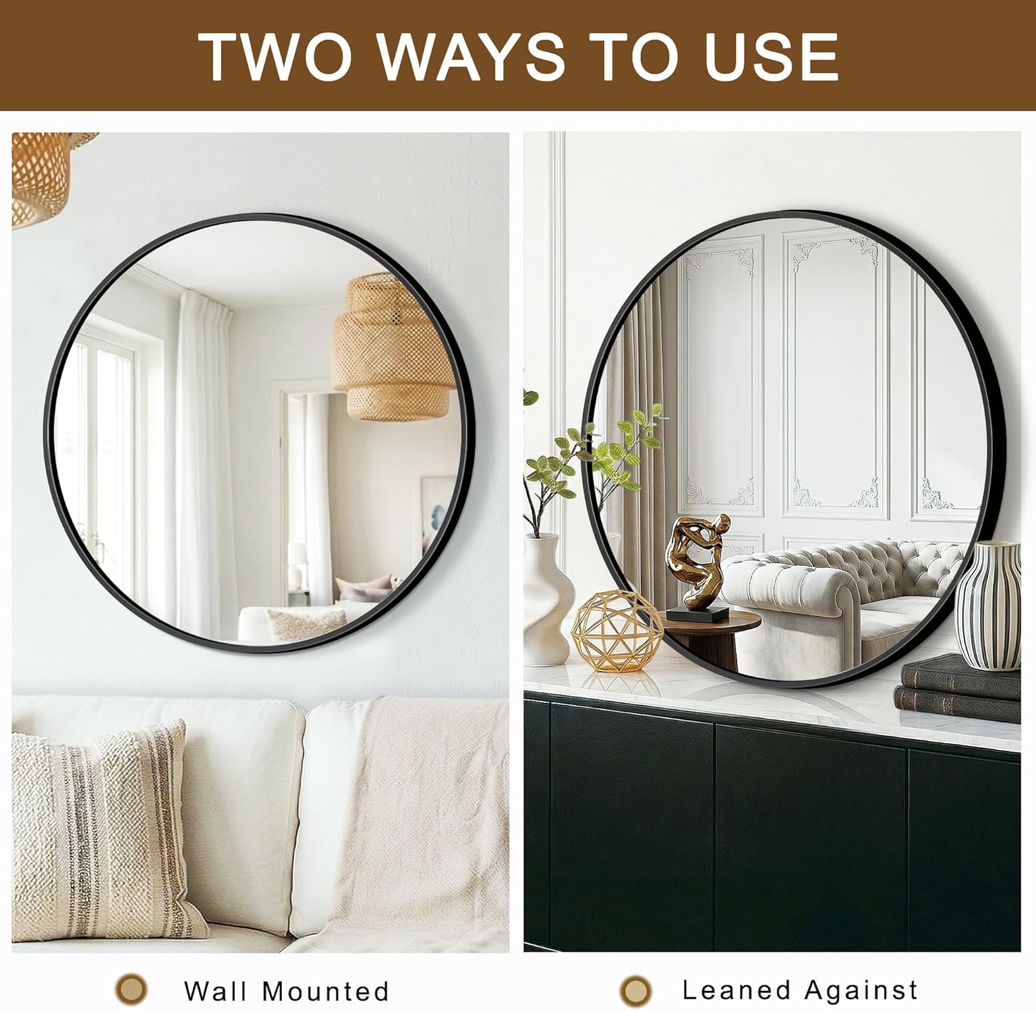 Round Bathroom Mirror for Wall, 2 Pack 26" Black Circle Mirror, Tempered Glass Bathroom Mirror for Over Sink, Modern Metal Framed Round Vanity Mirror for Entryway, Bedroom, Living Room