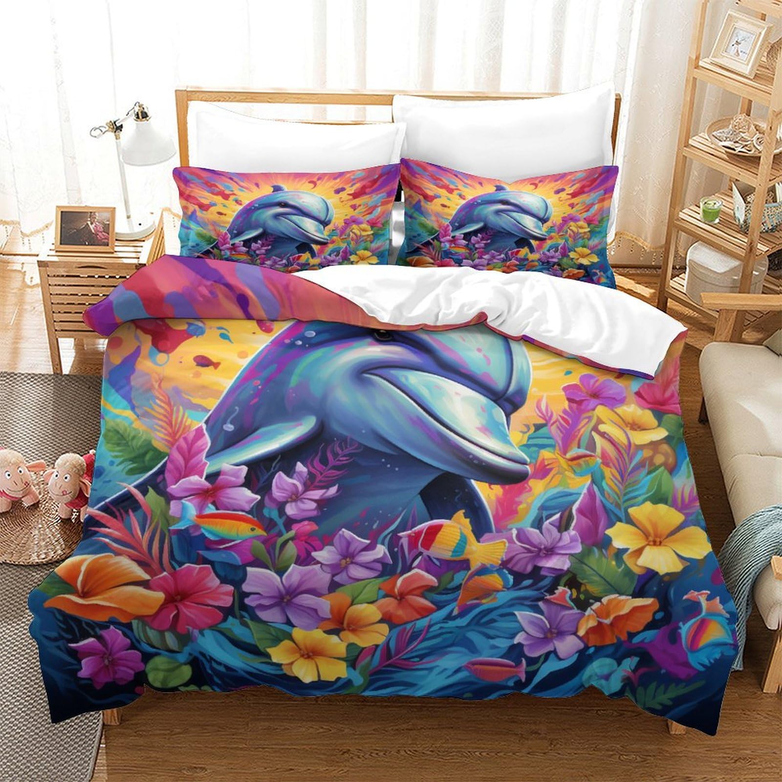 Housse de couette 260x220 dauphin avec taies d'oreiller pour grand lit super king size.