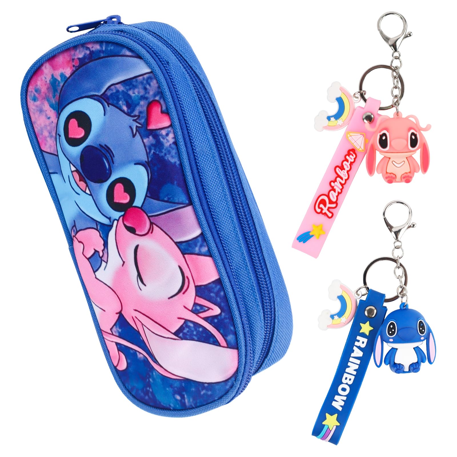 Yisscen Stitch Estuche para lápices para niños, 2 Stitch, llavero relleno, estuche escolar, estuche portátil para lápices, para niños y niñas, estudiantes universitarios, fans de Stitch, azul