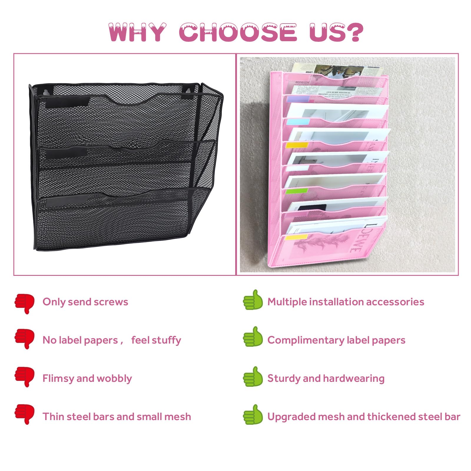 Organizer da parete verticale a 8 ripiani in rete da appendere, per ufficio, scuola, casa, set di ganci per etichette incluso (rosa)