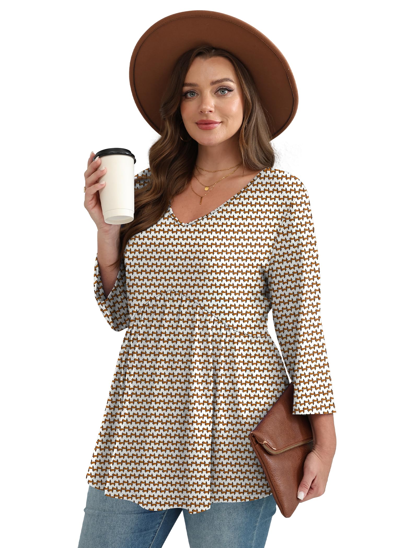 3/4 Length Sleeve Womens Tops 2025 Blouses for Women Dressy Casual Fashion Clothing V Neck Babydoll Tops Fall Outfits
