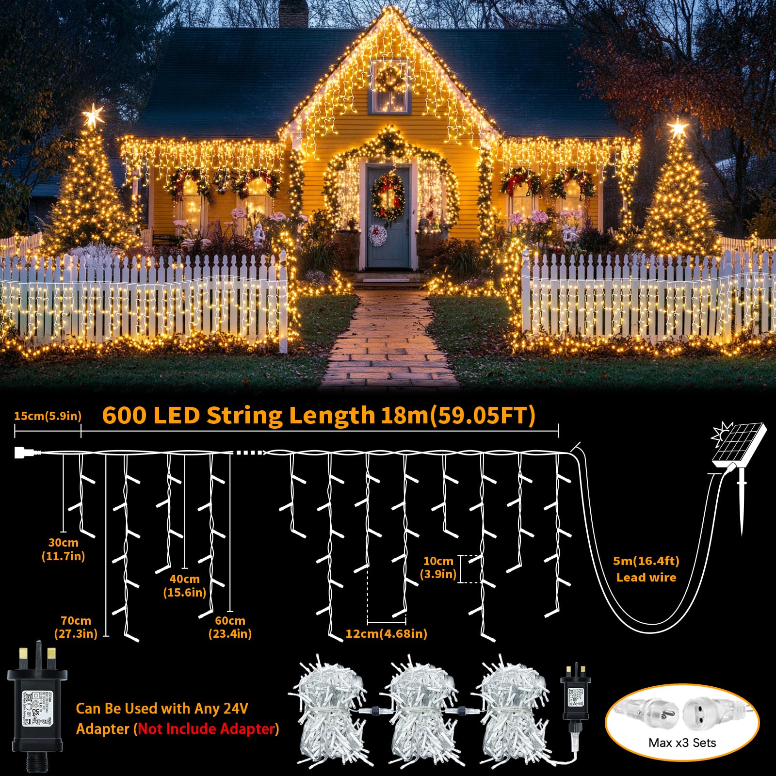 RJEDL Outdoor Solar Christmas Icicle Lights 18+5m/75.5ft 600 Led Solar Icicle String Lights with USB Port & Remote Control Hanging Lights Waterproof for Outside Backyard Balcony Decor - Image 2