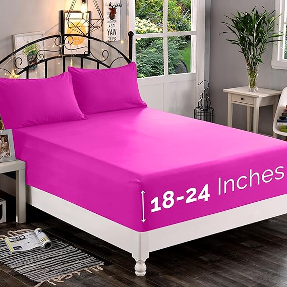 Elegant Comfort 1500 Premium Quality Fitted Sheet Ultra Soft 18-24 Inch Extra Deep Pocket - Single Fitted Sheet for High Mattress - Wrinkle Free with Smart Storage Pockets, California King, Hot Pink