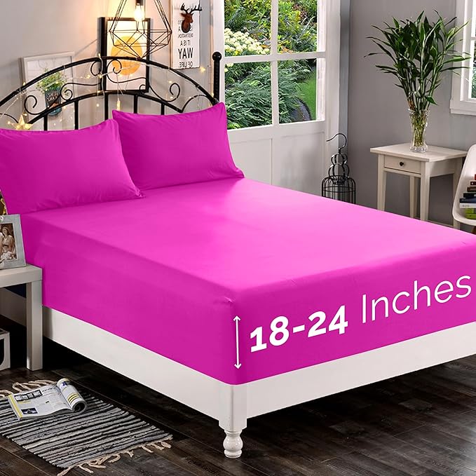 Elegant Comfort 1500 Premium Quality Fitted Sheet Ultra Soft 18-24 Inch Extra Deep Pocket - Single Fitted Sheet for High Mattress - Wrinkle Free with Smart Storage Pockets, California King, Hot Pink