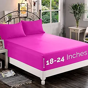 Elegant Comfort 1500 Premium Quality Fitted Sheet Ultra Soft 18-24 Inch Extra Deep Pocket - Single Fitted Sheet for High Mattress - Wrinkle Free with Smart Storage Pockets, Queen, Hot Pink