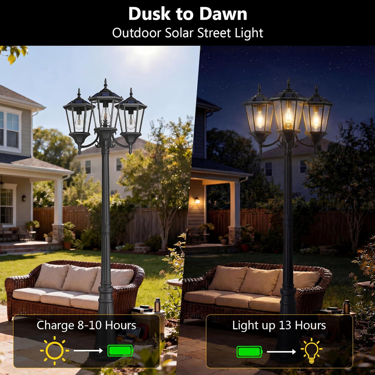 Emliviar Outdoor Solar Lamp Post Lights Triple-Head, 2700K Black Pole Street Lighting with 3 LED Bulbs,Modern Waterproof Pathway Light with Clear Glass, WE261PL-3 SL BK