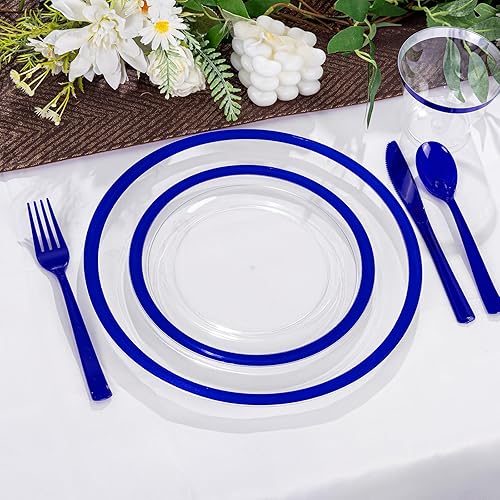 Miniatura 4 de I00000 - 350 piezas de vajilla de plástico azul oscuro, platos desechables transparentes para 50 invitados, juego de vajilla azul incluye 50 platos