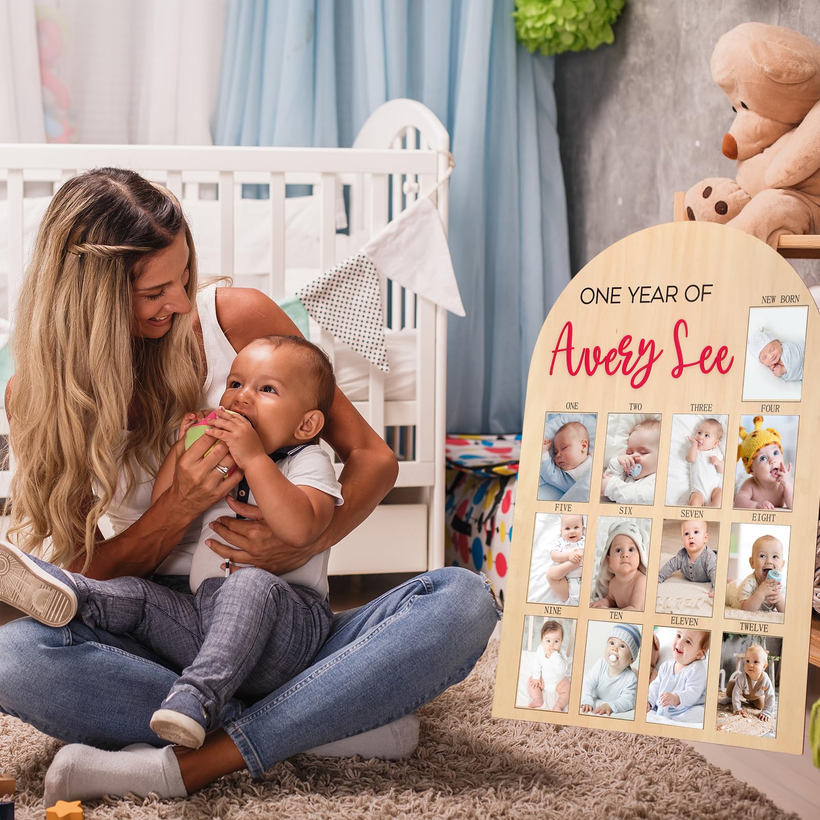 Leinuosen Tablica na zdjęcia z napisem "My First Year", ramka na zdjęcia 12 miesięcy, z filcowymi literami DIY, imieniem, dekoracje na 1. urodziny, prezenty dla chłopca, dziewczynki, noworodka
