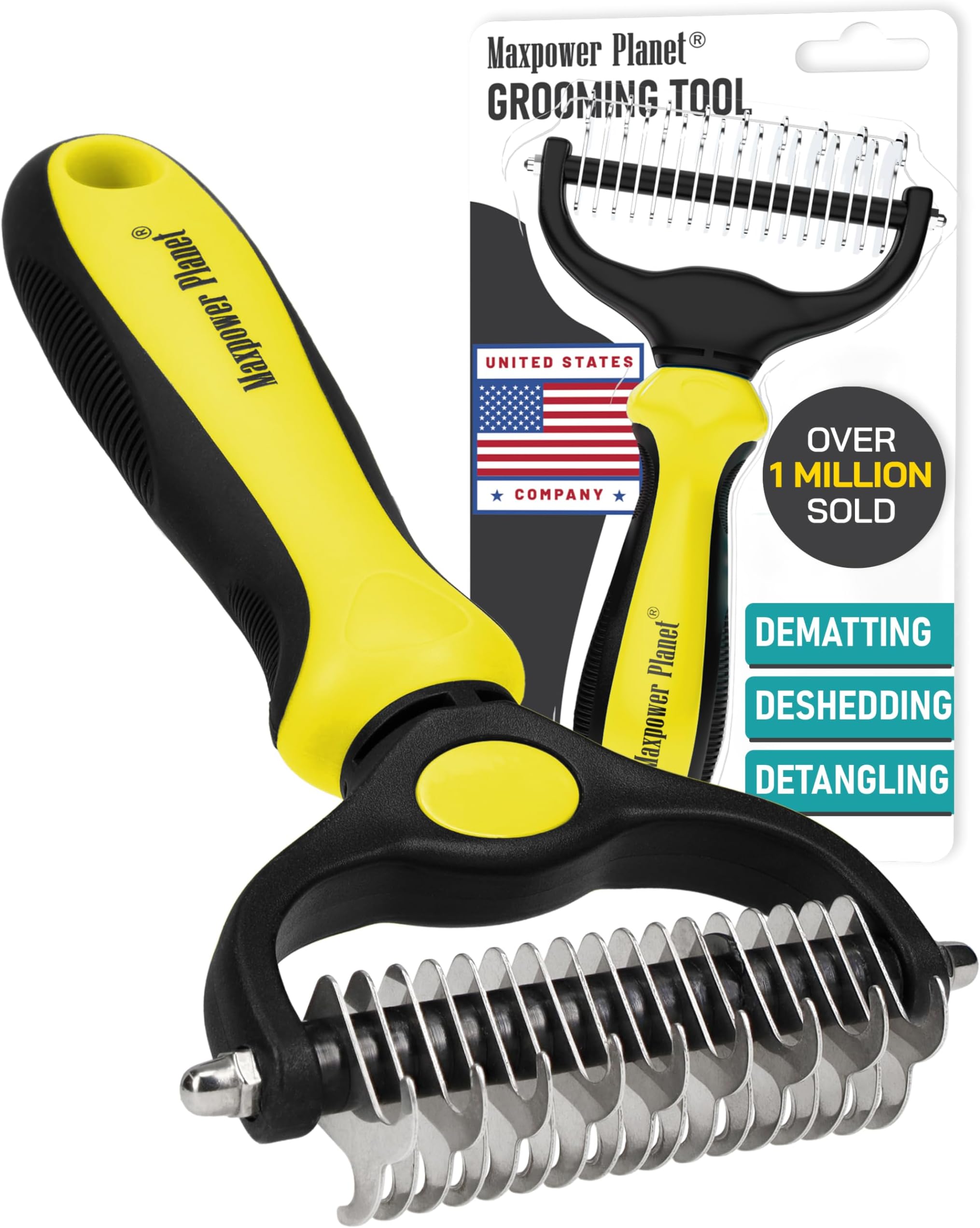 Maxpower Planet Pet Grooming Brush - Double Sided Shedding, Dematting Undercoat Rake for Dogs and Cats - Extra Wide Dog Grooming Brush - Yellow