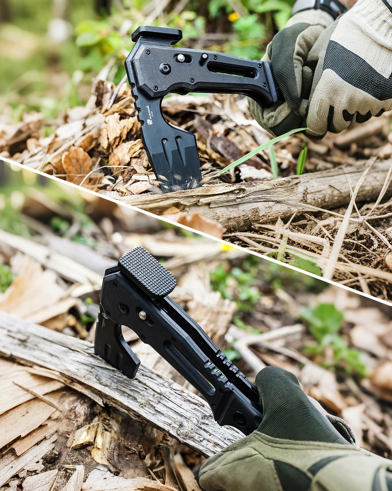 HX OUTDOORS Ascia Tattica Pieghevole da Sopravvivenza, Lama in Acciaio DC53 con Titanio Nero, Ascia da Campeggio con Martello e Apribottiglie, Accetta Pieghevole con Impugnatura G10