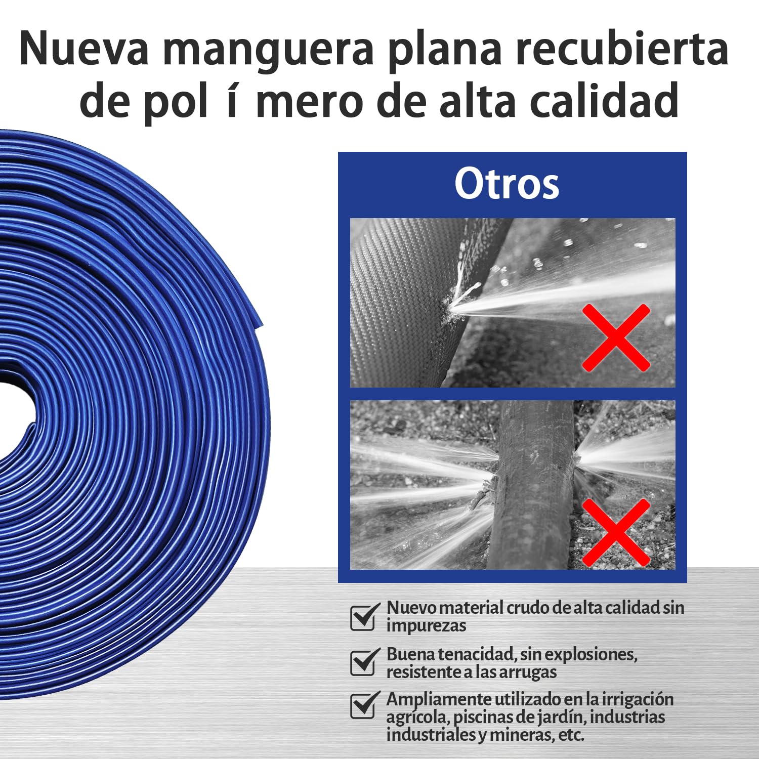 Manguera Plana Flexible con 2 Anillos de Conexión, 15m / Ø38mm Manguera de Descarga para Bombas, Manguera De Agua para Jardín, Piscina, Estanque