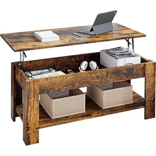 Shintenchi Lift Top Coffee Table Rising Tabletop Dining Table with Hidden Compartment and Storage Shelf, Lift Tabletop Dining Table for Home Living Room, Office, Rustic Brown