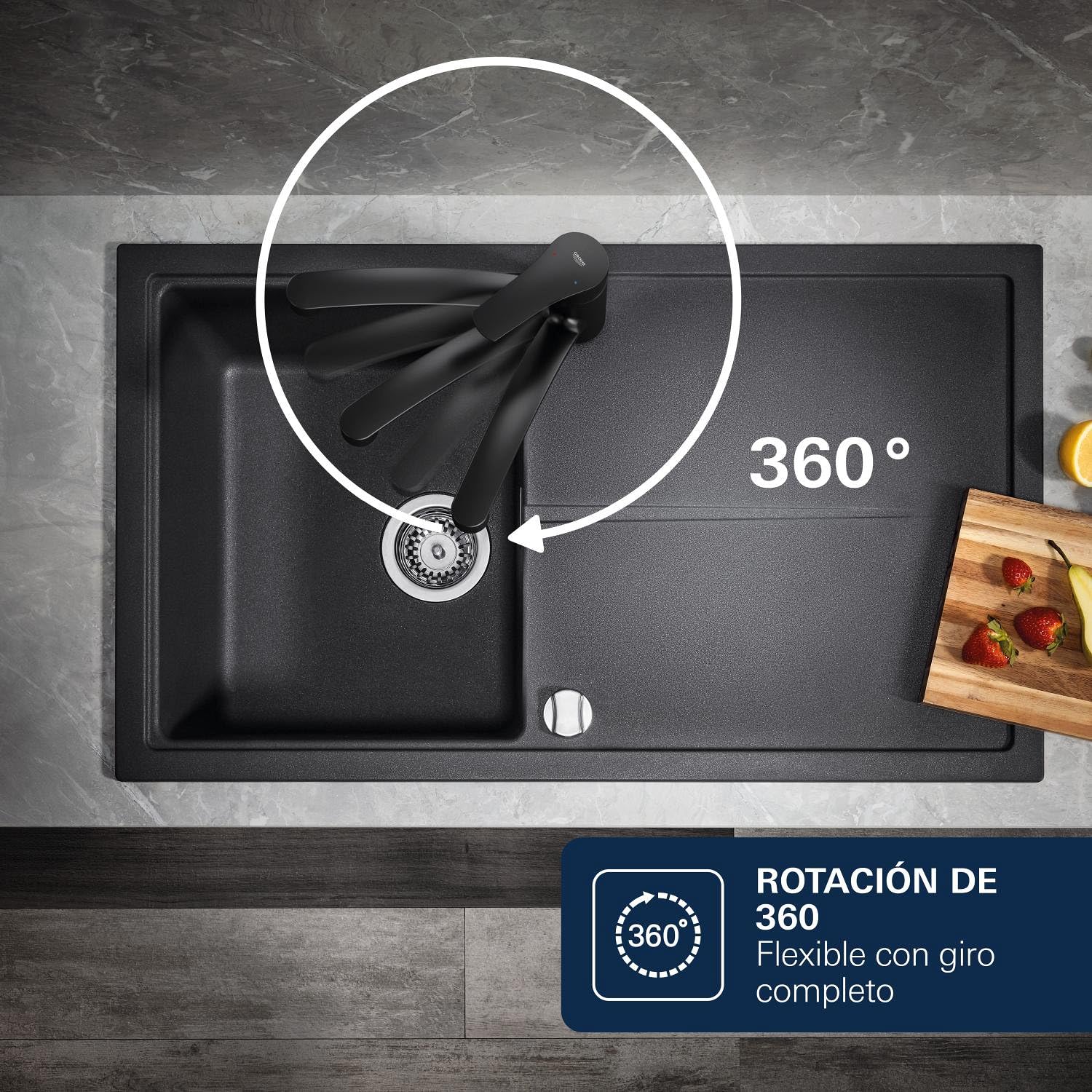 GROHE Get – Grifo Cocina con Caño Extraíble (2 Chorros, Caño Alto 381mm, Giro 360°, Cartucho 35mm, Acoplamiento Suave, Conexión 3/8", QuickMount), Negro Mate, 314842431