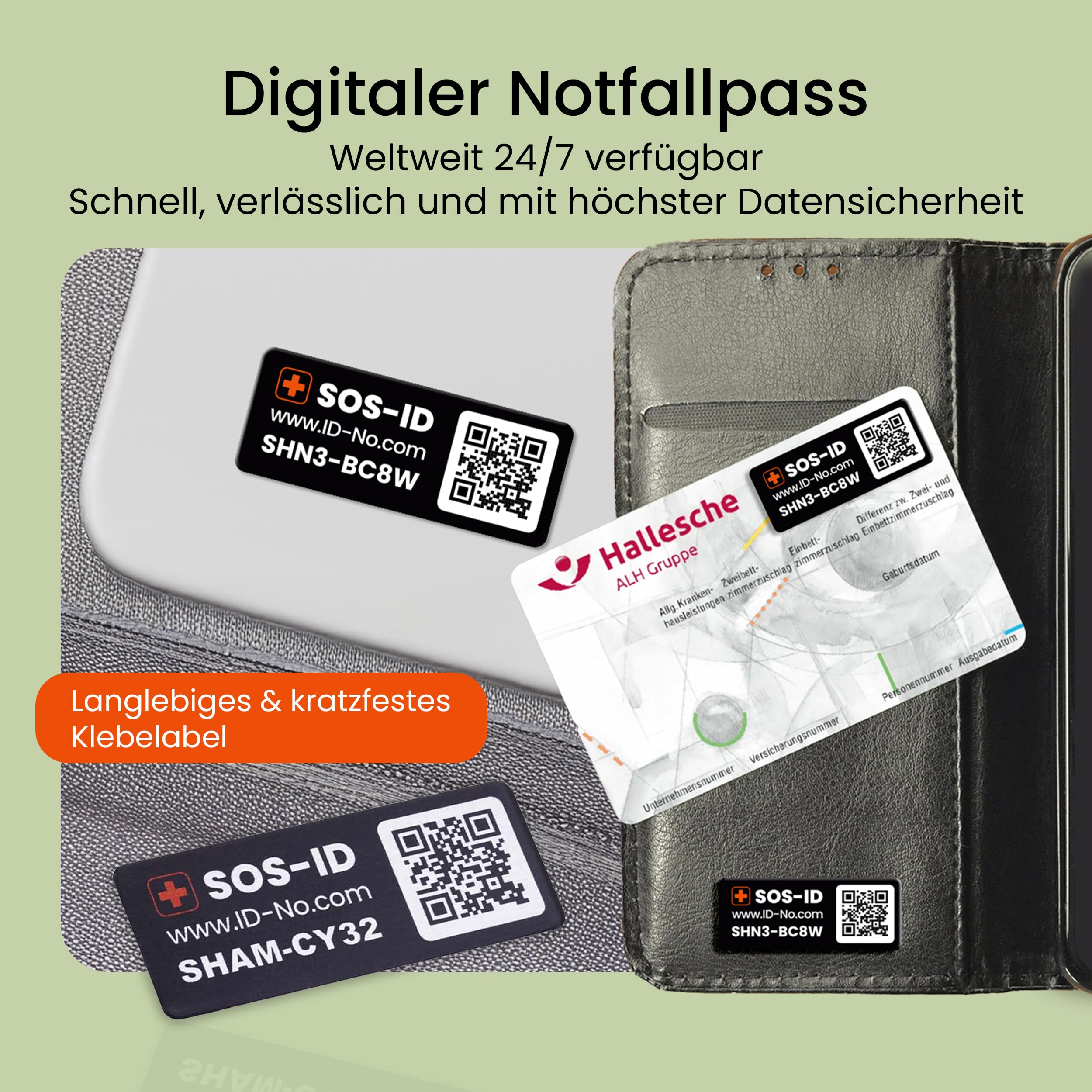 SOS-ID Label (3er-Set) – SOS-ID Etikett mit QR-Code – langlebiges & kratzfestes Klebelabel – schneller Zugriff auf wichtige Gesundheitsdaten für Ersthelfer oder Rettungskräfte
