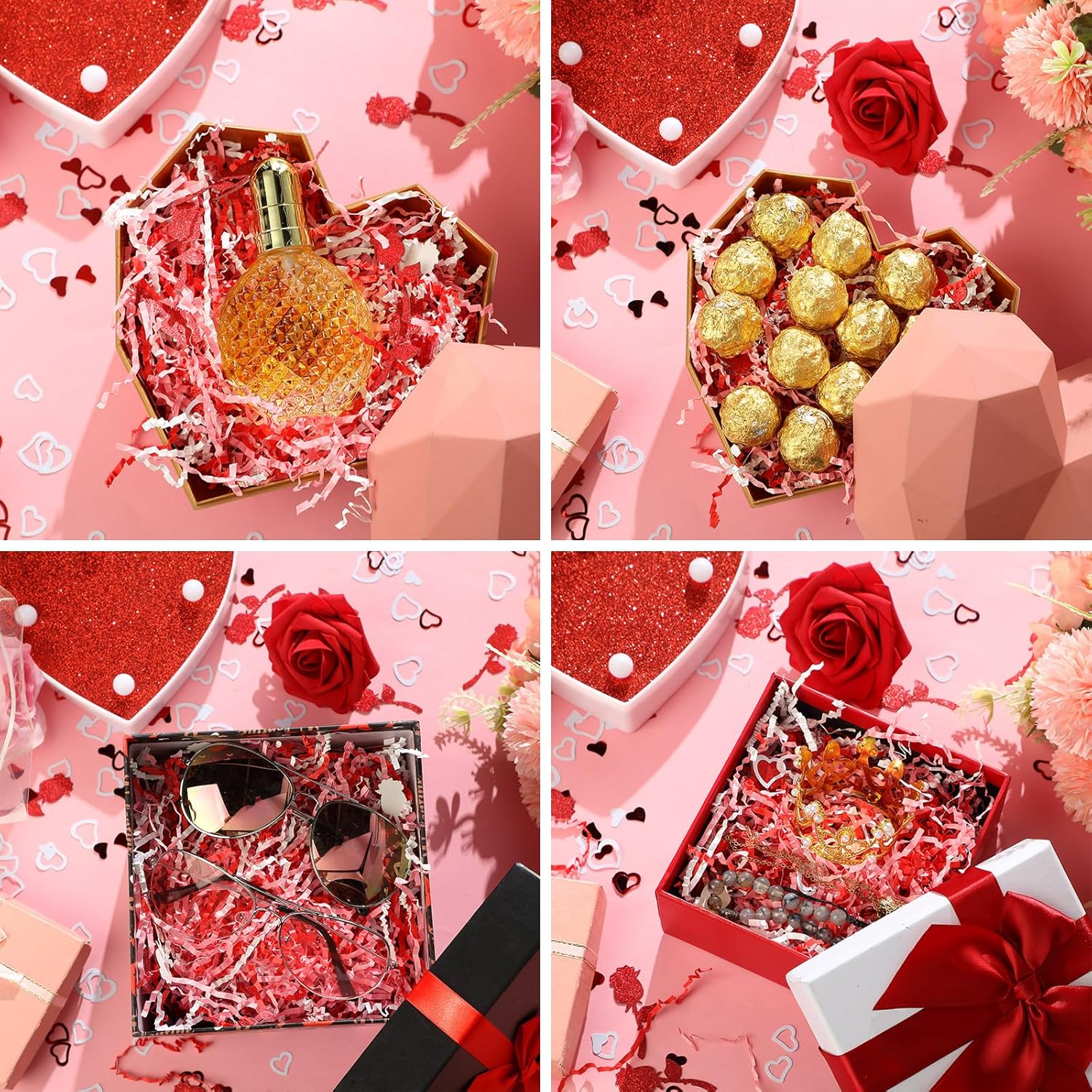Supervitae 1 lb Valentine's Day Crinkle Cut Paper Shred Filler with Rose and Heart Confetti Shred Paper Basket Filler Red White Pink Raffia Tissue Grass for Gift Boxes Basket Holiday Packaging - Image 6