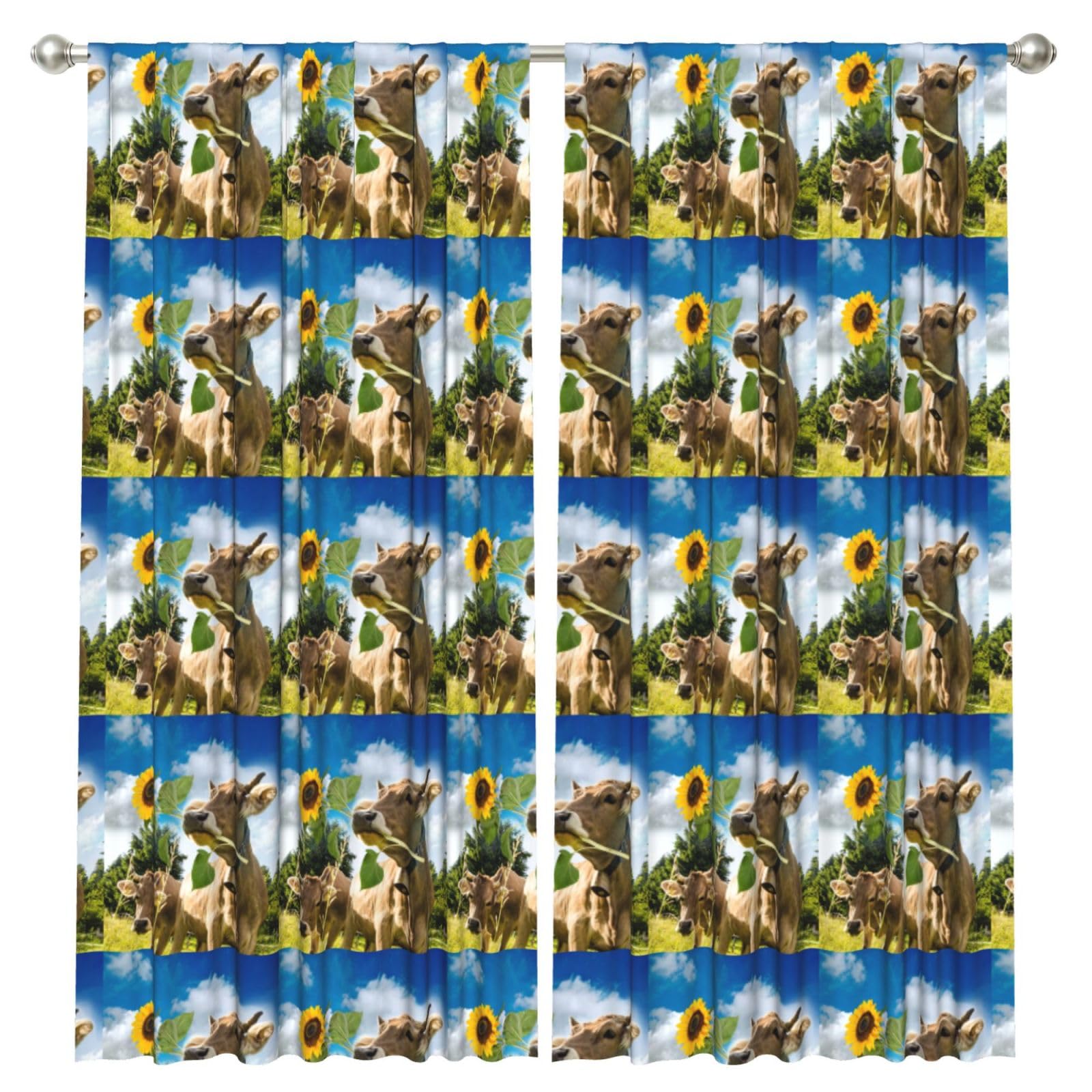 InOmak Cow With Sunflower, 2 Panels Window Curtains 52 x 84 Inch Blackout Curtains for Living Room Bedroom