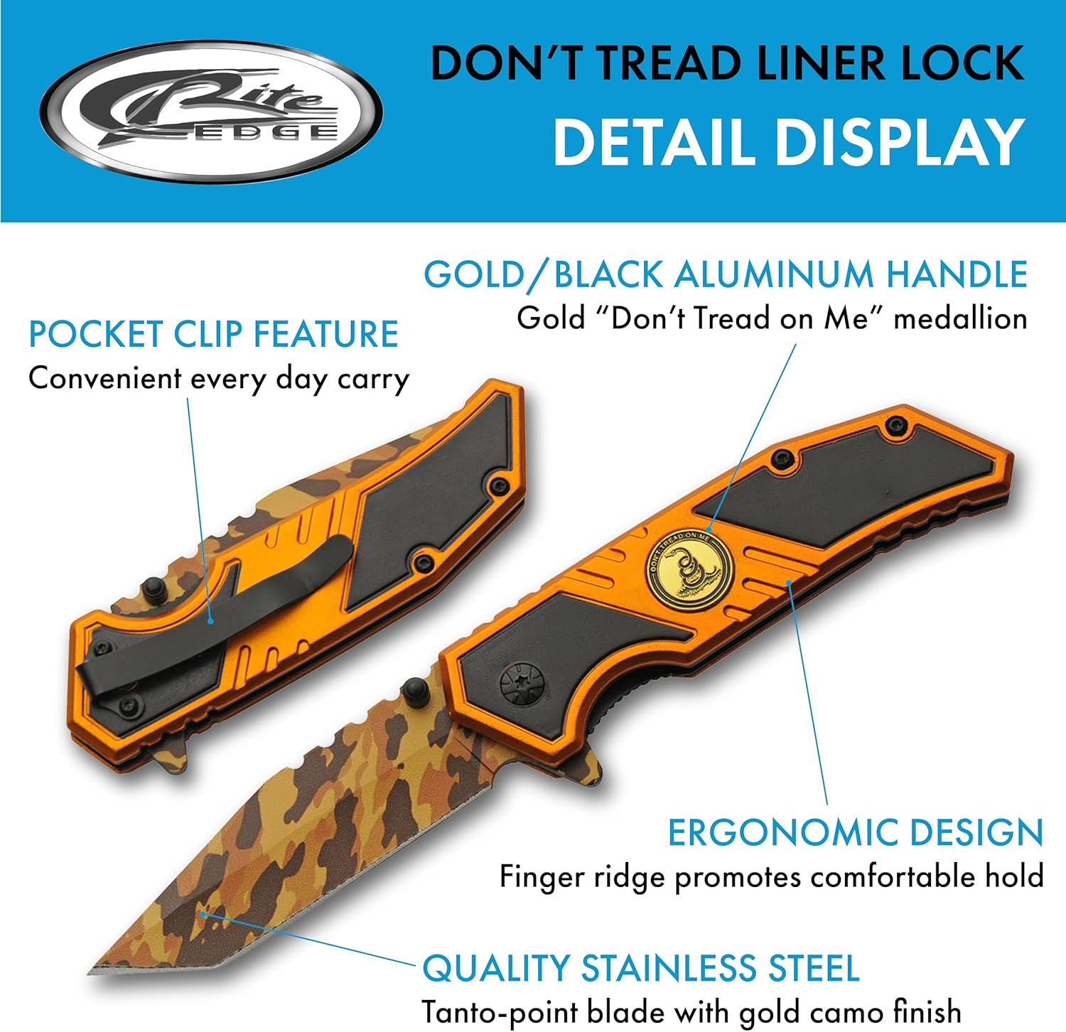 7.5" Gold Camo Don’t Tread On Me Folding Pocketknife With Pocket Clip