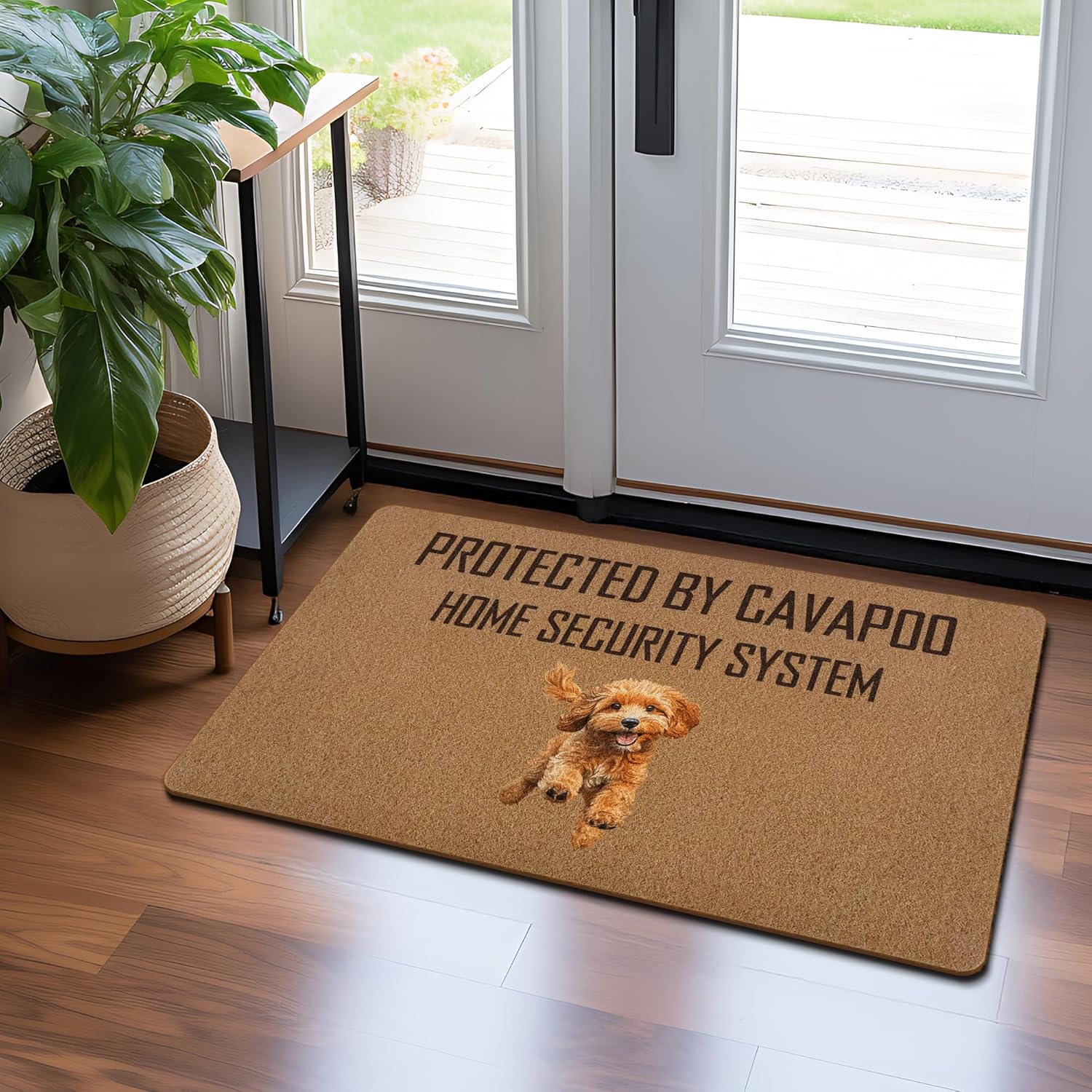 Funny Cavapoo Door Mat, Dog Welcome Mat, Funny Protected by Cavapoo Home Security System Coir Door Mats Outdoor Indoor Outside Entrance, TheCavapoo Gifts for Women DogLovers Doormats 17X29 Inch