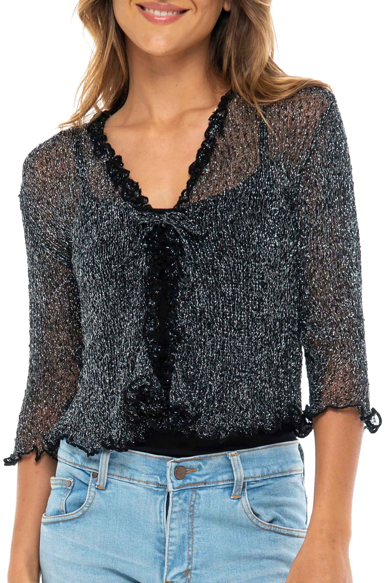 Back From Bali Womens Sheer Shrug Ruffle Cardigan Lightweight Knit Bolero Tie or open ruffle front sweater, 3/4 sleeves, Dressy or casual, Versatile over evening dresses, tops, swimsuits