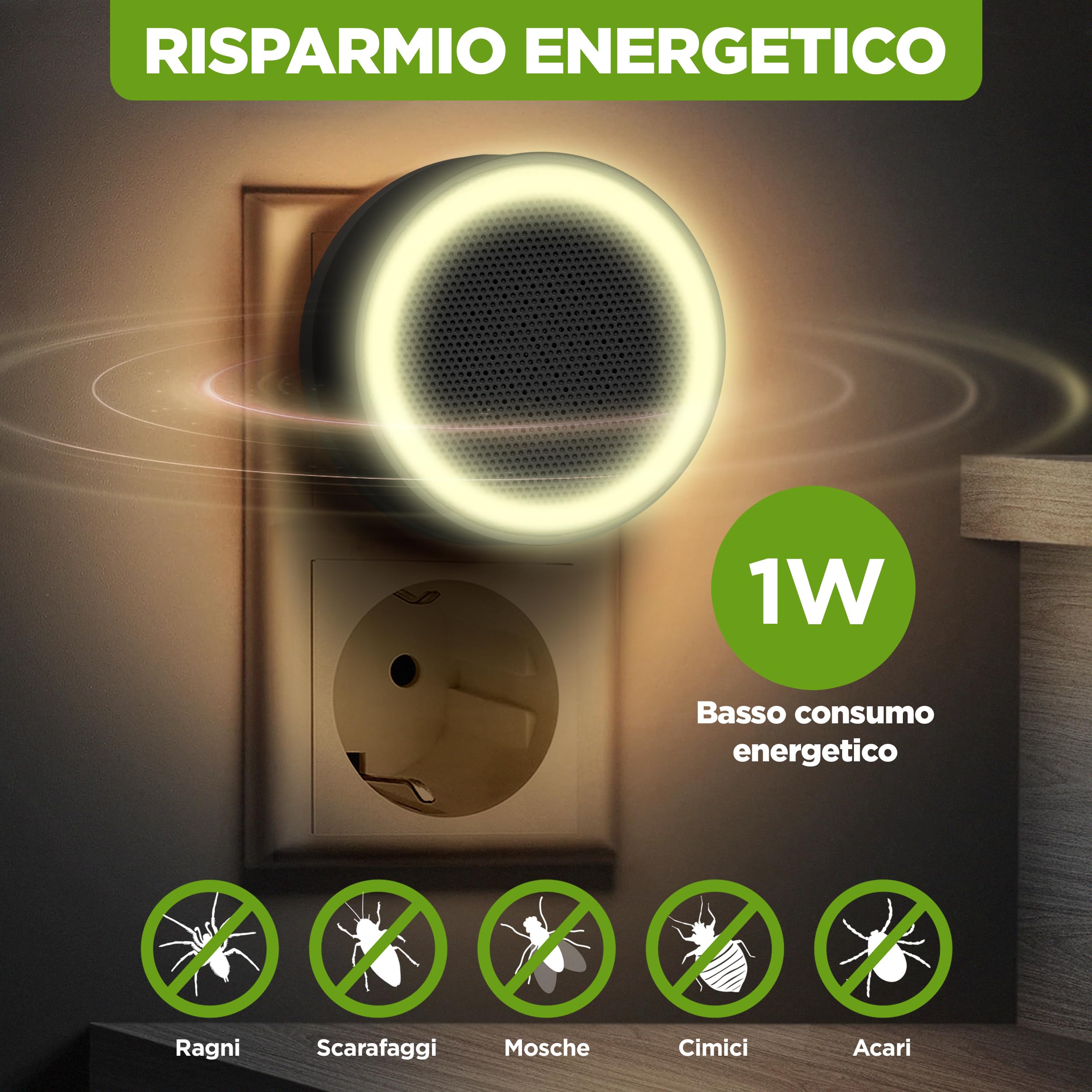 ISOTRONIC repellente parassiti ultrasuoni ragni scarafaggi cimici letti acari luce orientamento raggio 30m² 1 unità efficace interno casa camera protezione difesa senza veleno stop insetti mobile
