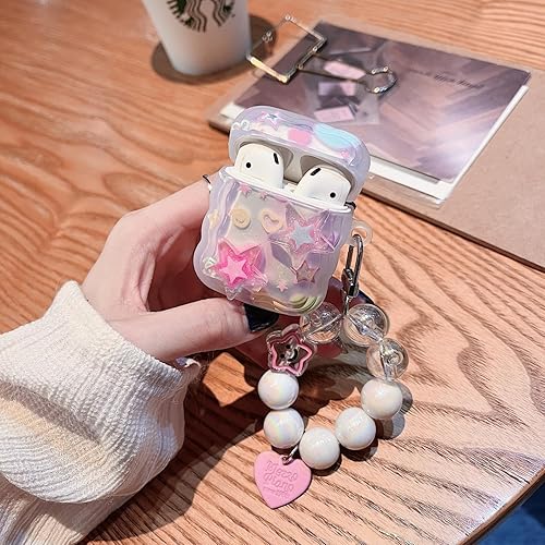 Miniatura 4 de MINSCOSE Funda transparente compatible con Airpod 3, bonito diseño de estrellas 3D con llavero de corazón de amor, funda protectora de TPU suave a