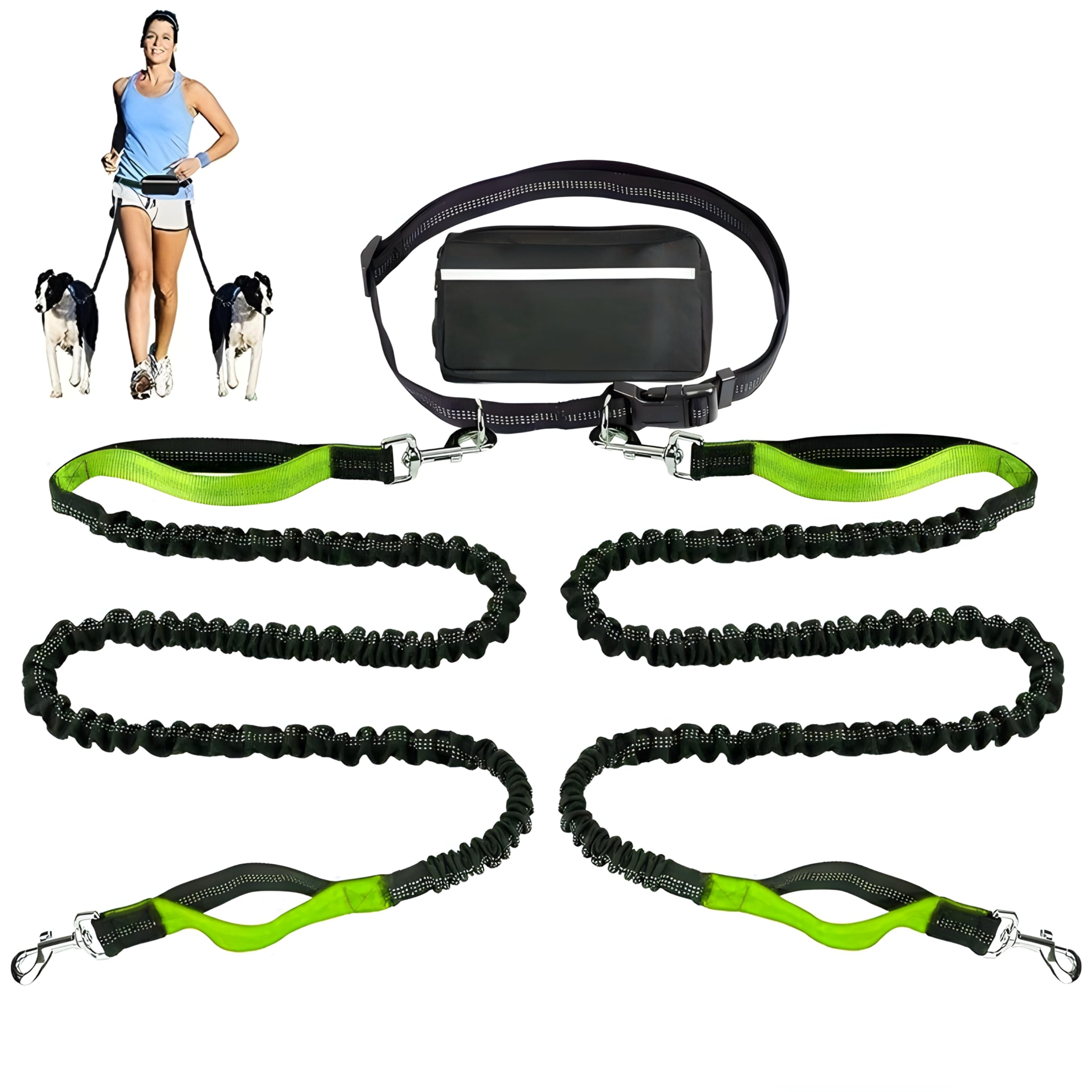 𝐇𝐞𝐚𝐯𝐲 𝐃𝐮𝐭𝐲 Hands Free Dog Leash for 2 Dogs – Dual Bungee Running Leash with Adjustable Waist Belt, Tangle-Free 360° Swivel, Shock Absorbing, Padded Handles & Zipper Pouch