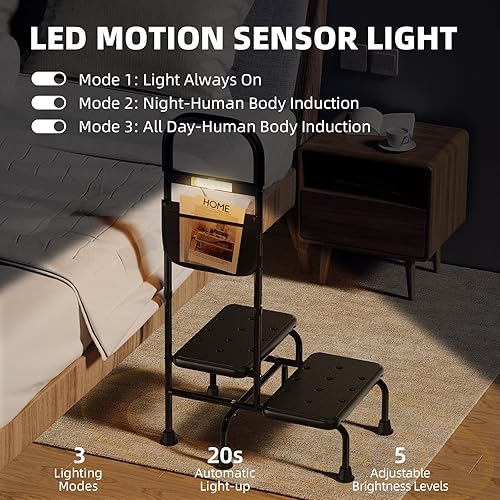 Miniatura 4 de Taburete de 2 escalones con asa para ancianos, escalones de cama resistentes para camas altas para adultos, taburetes de dos escalones para personas