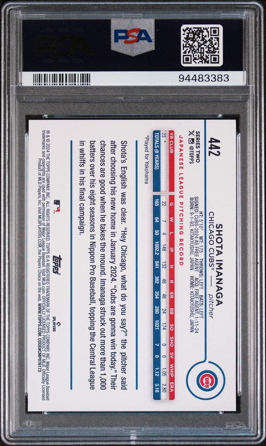 Graded 2024 Topps Shota Imanaga #442 Rookie RC Baseball Card PSA 10 Gem Mint
