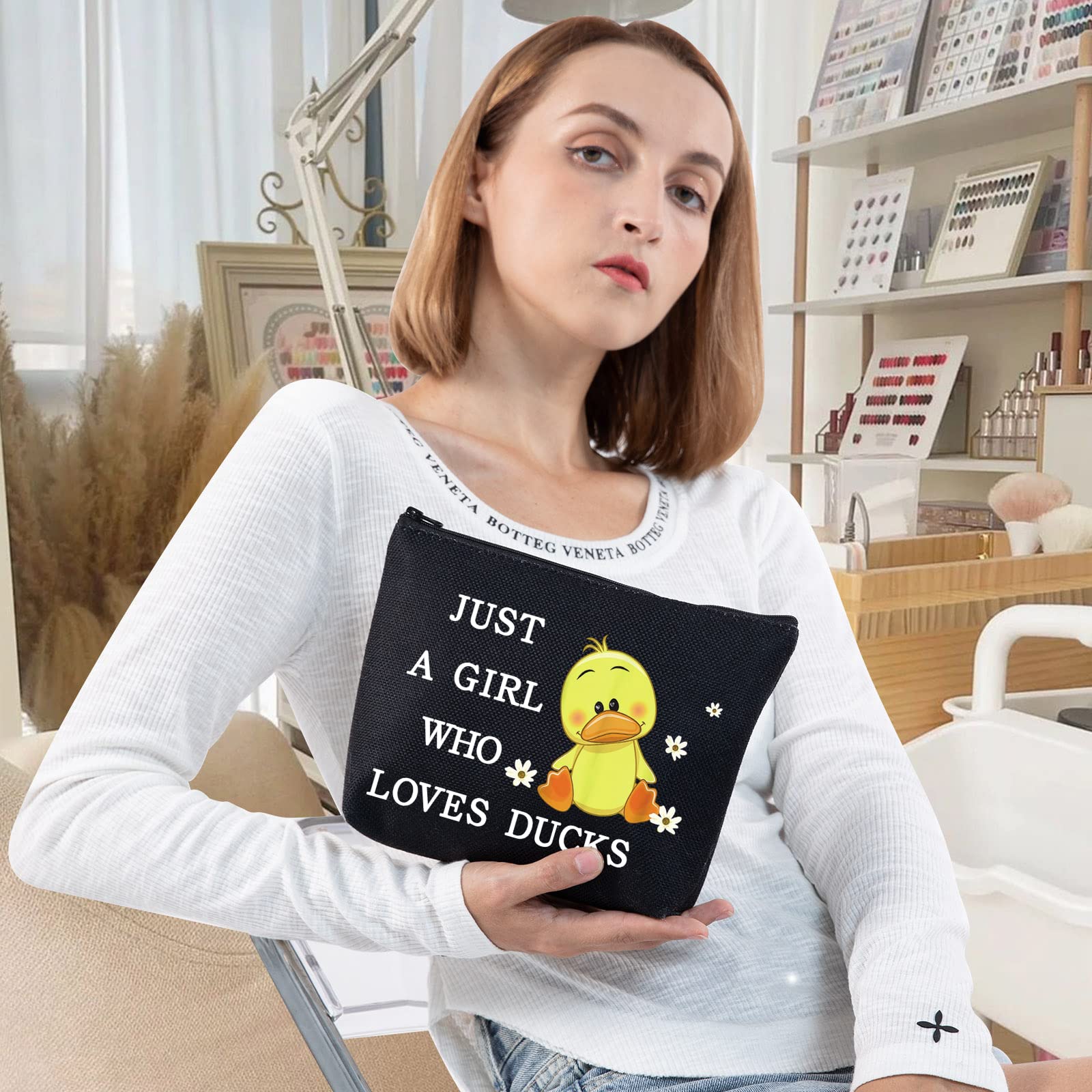 LEVLO Funny Duck Cosmetic Bag - Animal Lover Gift for Women & Girls, Black, Zipper Pouch, Loves Ducks Black - Image 4