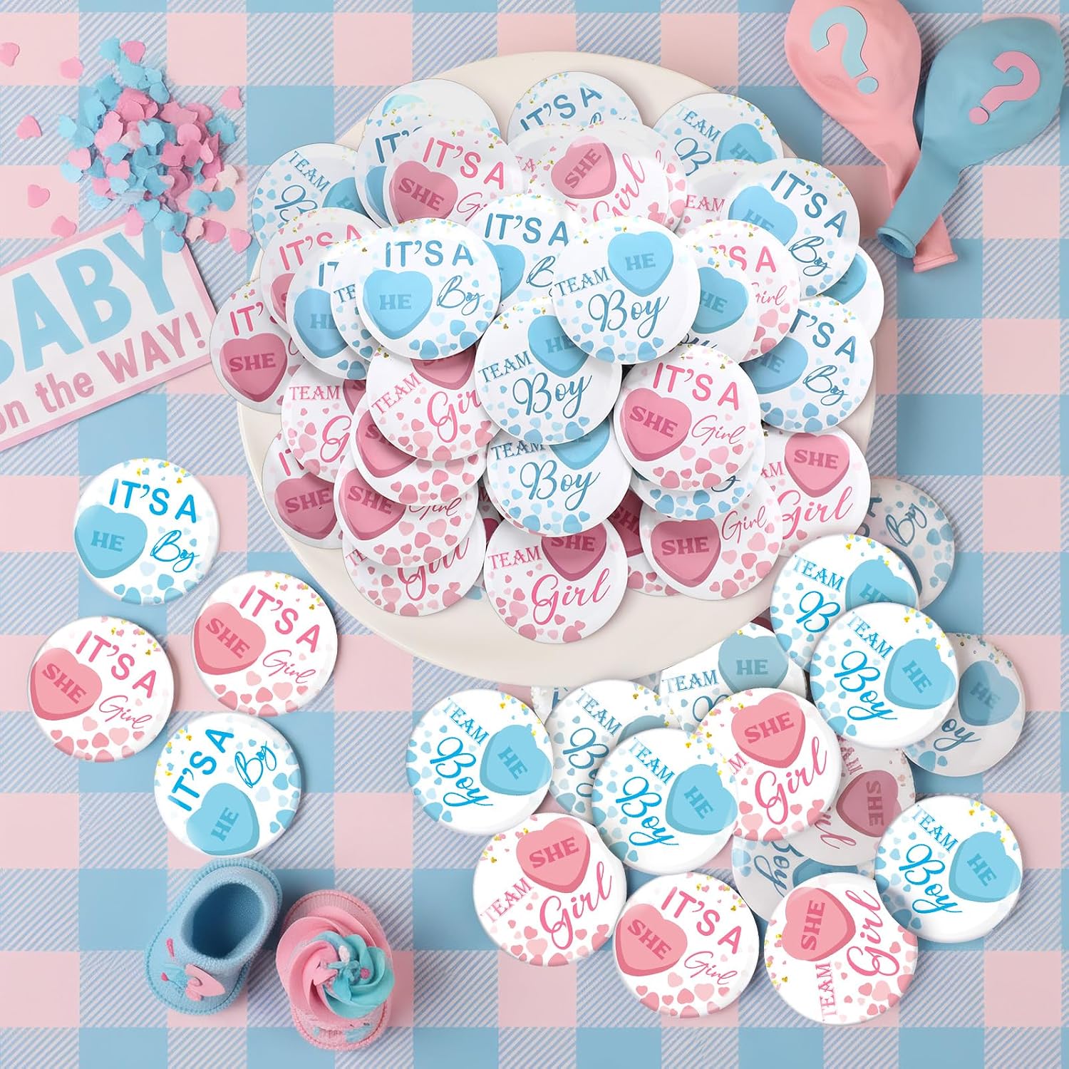 Highergo 48 Pcs Valentines Sweetheart Gender Reveal Decor He or She What Will Our Little Sweetheart Be Pins Team He or Team She Conversation Games Supplies for Gender Reveal Blue Pink Guests Ideas