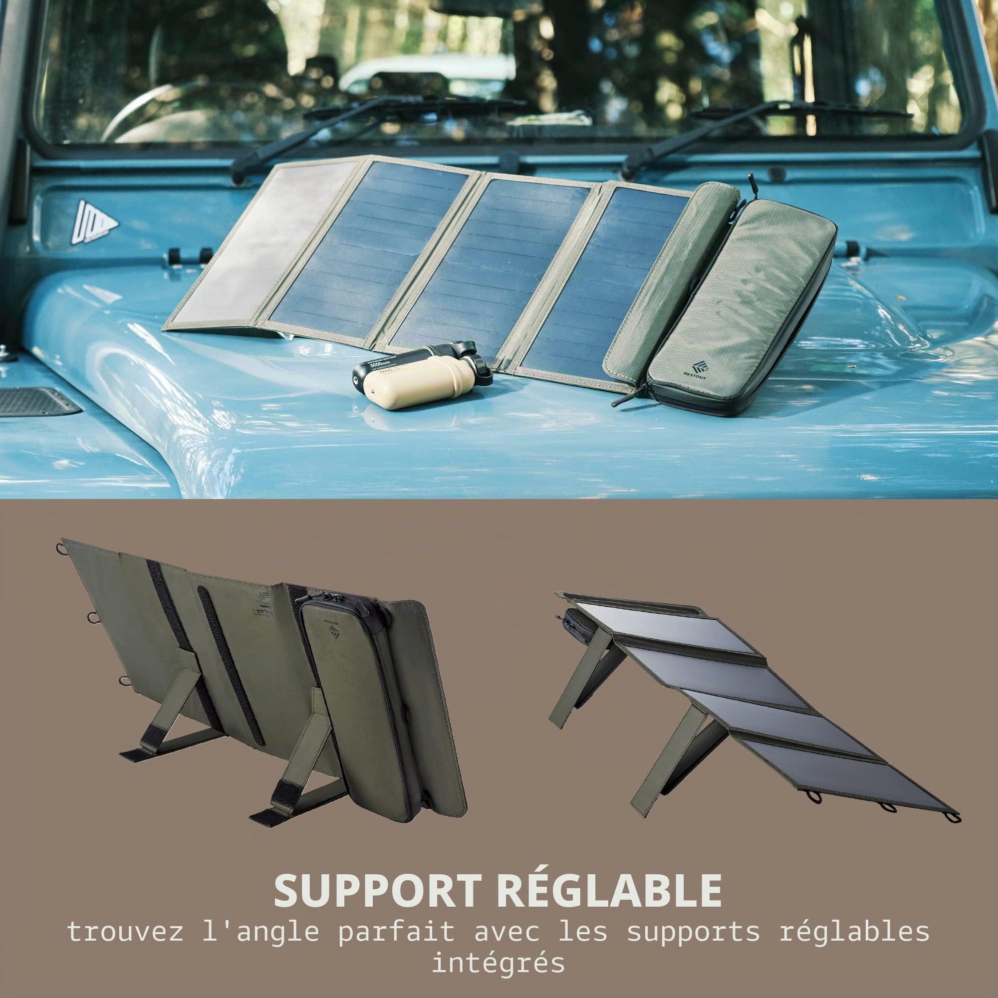 ELECOM NESTOUT Panneau Solaire Portable, Double Ports USB-A, Chargeur de génération d'énergie 28 W pour téléphone Camping, Nylon indéchirable Durable, résistant à l'eau, Pliable, léger, Supports