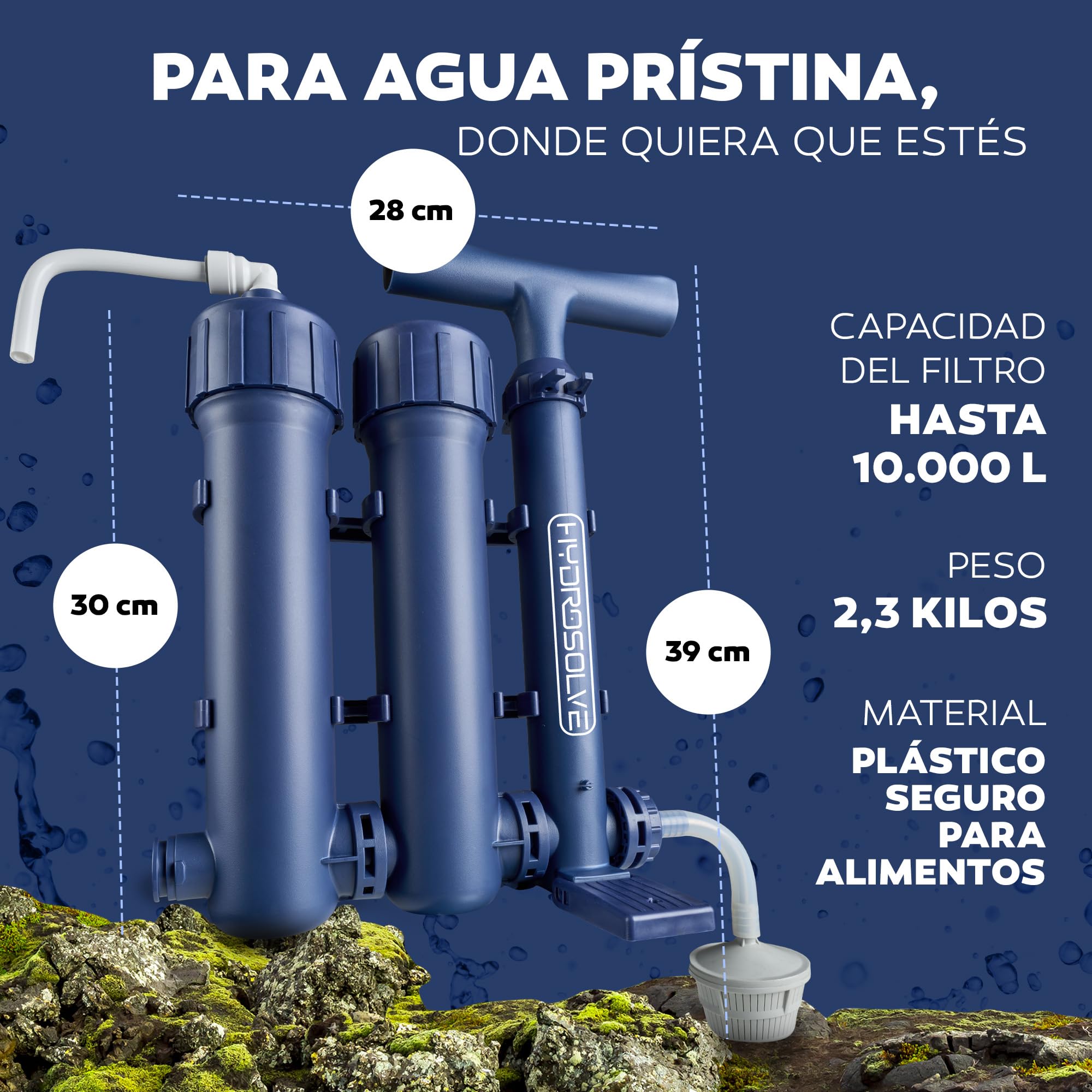 HYDROSOLVE - Filtro de agua portátil para exteriores, sistema de tratamiento de agua de emergencia con bomba de mano, filtración para senderismo y camping (filtro de agua)