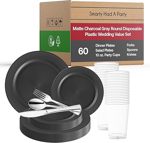 Paquete de plástico desechable para fiestas, elegante juego de vajilla mate y platos de ensalada, cubiertos (cucharas, tenedores, cuchillos) y