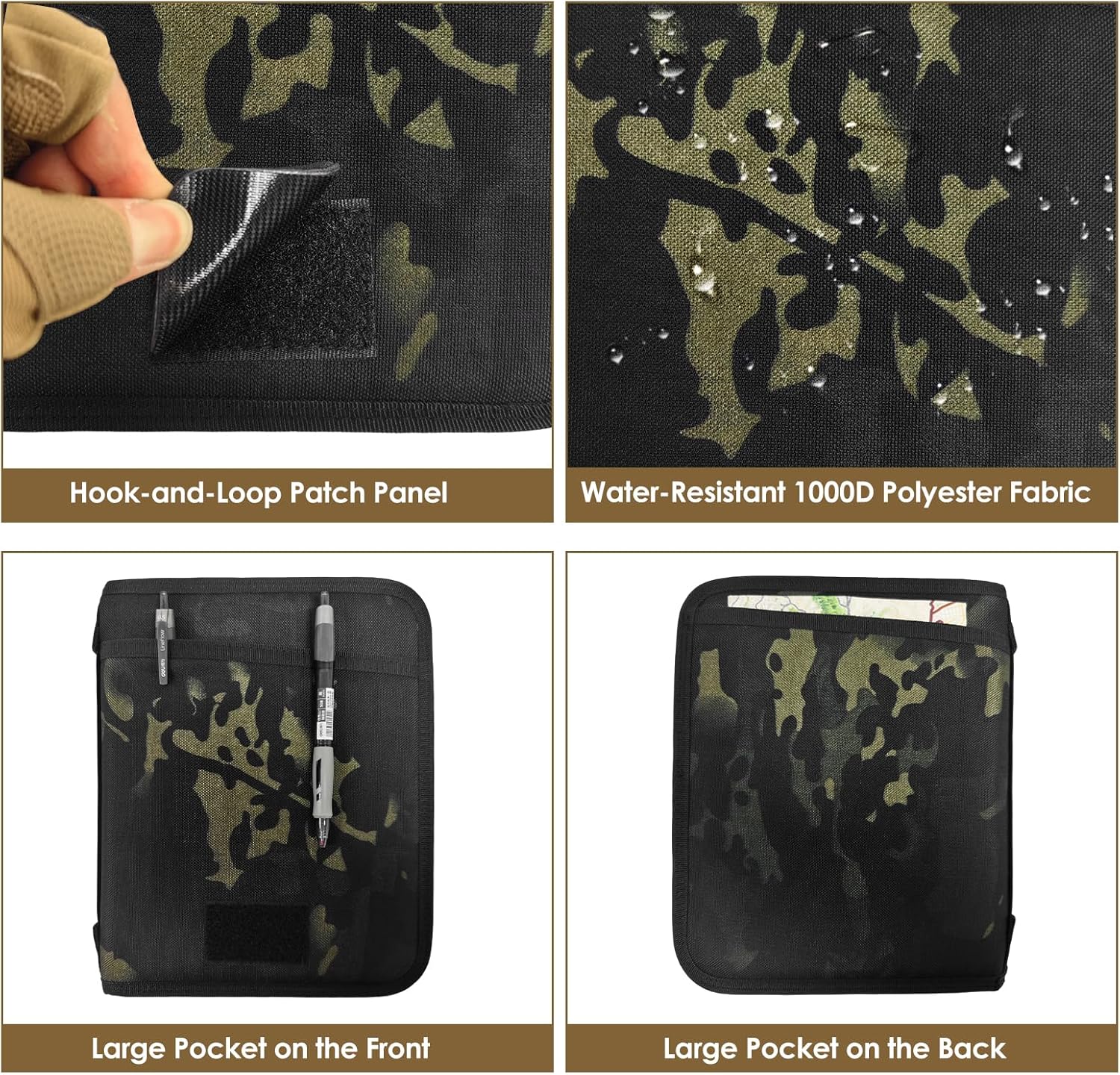 Tactical Notebook Cover, A5 Padfolio 6 Ring Binder with Big Back Pocket & Hand Strap, Zippered Hardcase Planner for Journal, College, Office, Field (Black Camo, A5(7.3 x 10 inches))