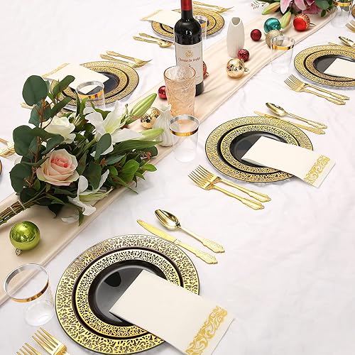 Miniatura 6 de El juego de vajilla de plástico dorado de 350 piezas incluye platos desechables negros con cubiertos de plástico dorado únicos, servilletas de lino,
