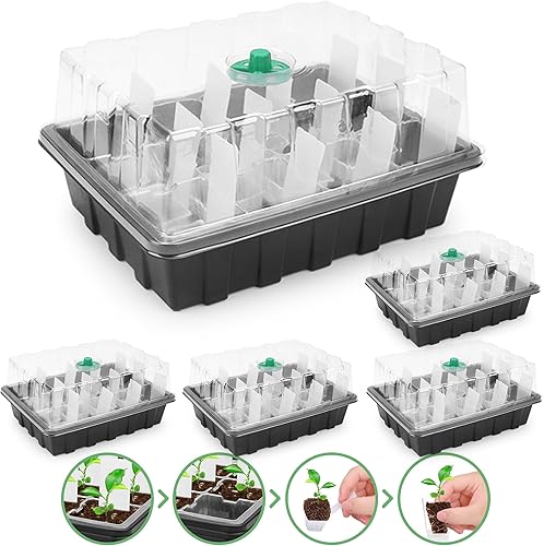 Paquete de 5 bandejas para plantas con 60 extractores reutilizables, bandeja de inicio de semillas para semillas de lechuga con kit de cúpula de