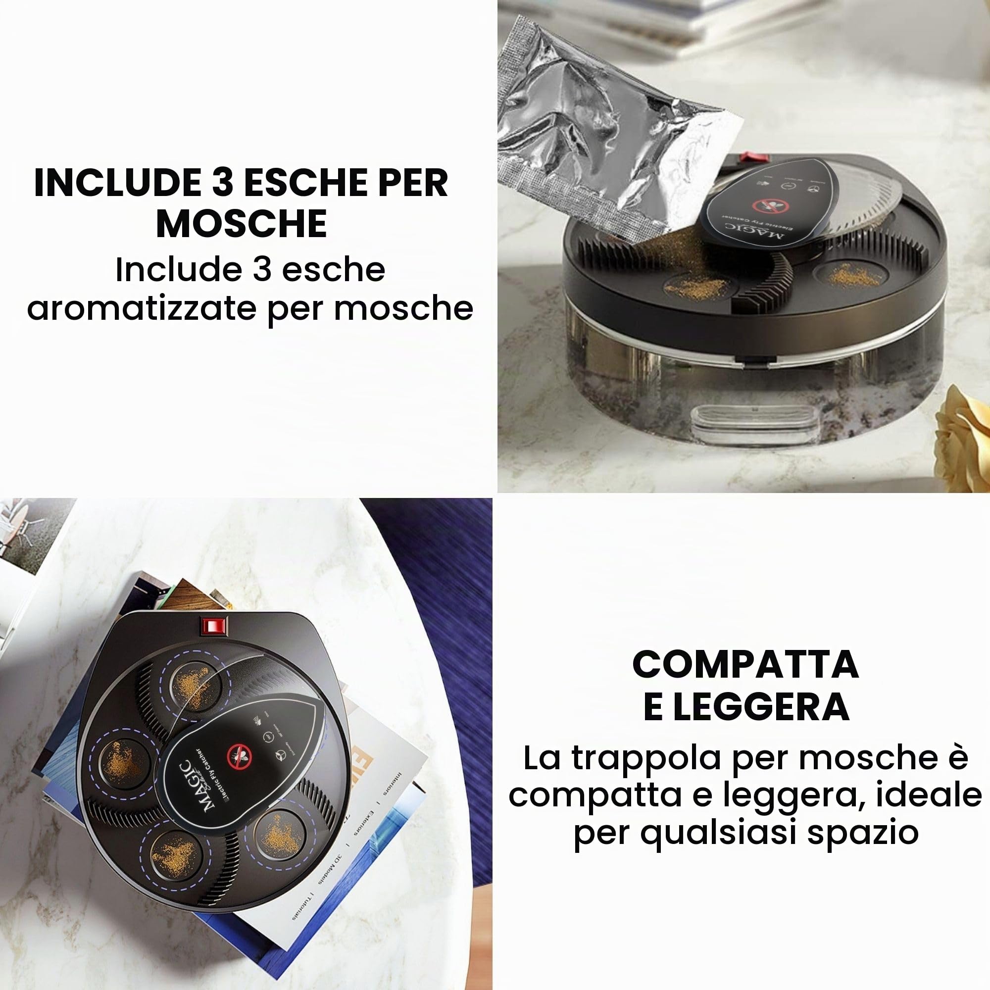 Acchiappamosche Elettrico. Trappola per Mosche Girevole a 360°, Antizanzare per Casa, Cucina, Ristorante, Hotel, Bar, Silenziosa, Batteria da 72 H (Ricaricabile con Cavo USB Inclusi)