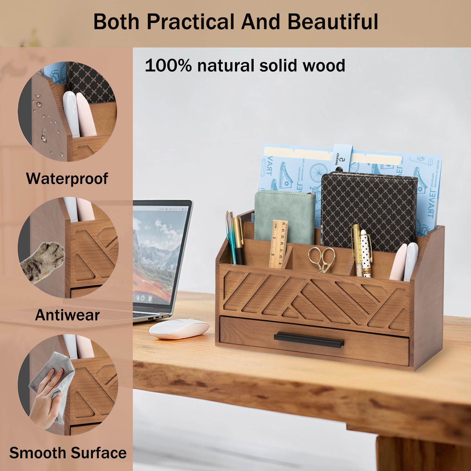 dreampossible Organizer da scrivania in legno marrone e accessori con cassetto, organizer per banconote e porta posta per ufficio, accessori da scrivania moderni e organizer per spazi di lavoro per