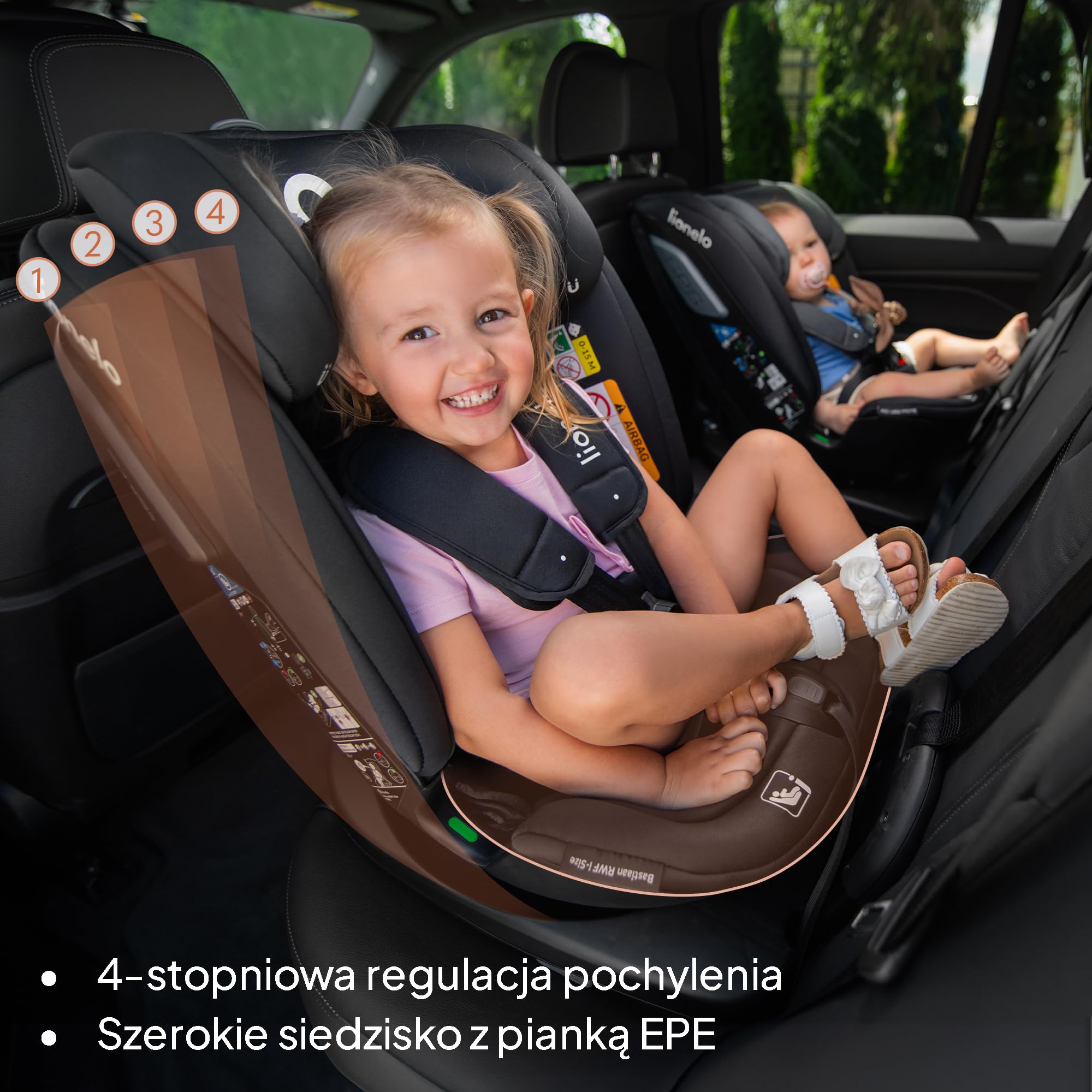 LIONELO Bastiaan RWF I-size Fotelik Samochodowy Obrotowy 360o dla Dzieci 0-36kg, Montaż Przodem i Tyłem (18 kg), ISOFIX Pas TopTether, Regulacja Zagłówka Pasów i Oparcia Ochrona Boczna Czarny