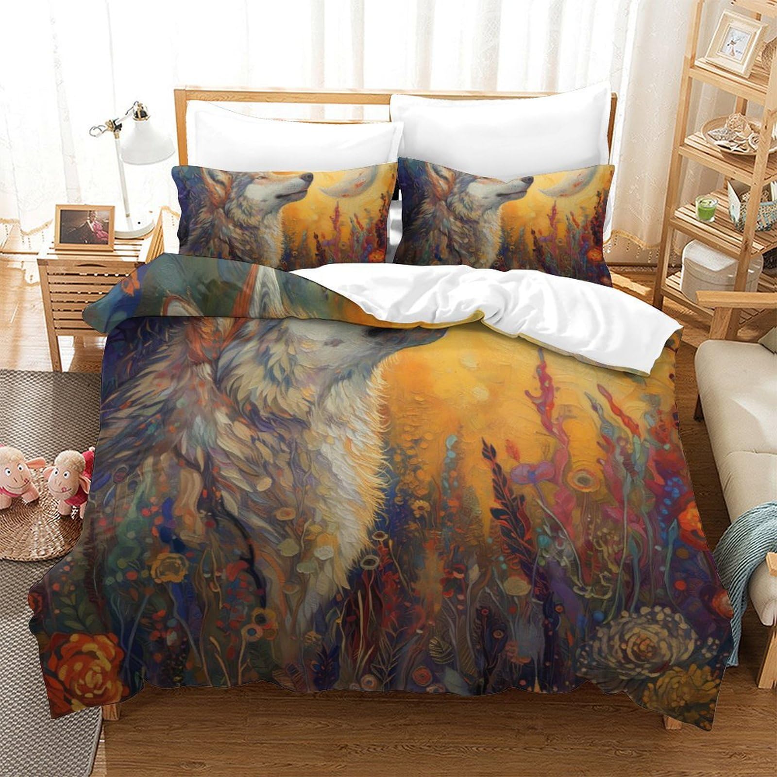 Housse de couette loup anti-plis grand lit 260x220 parure microfibre facile à laver