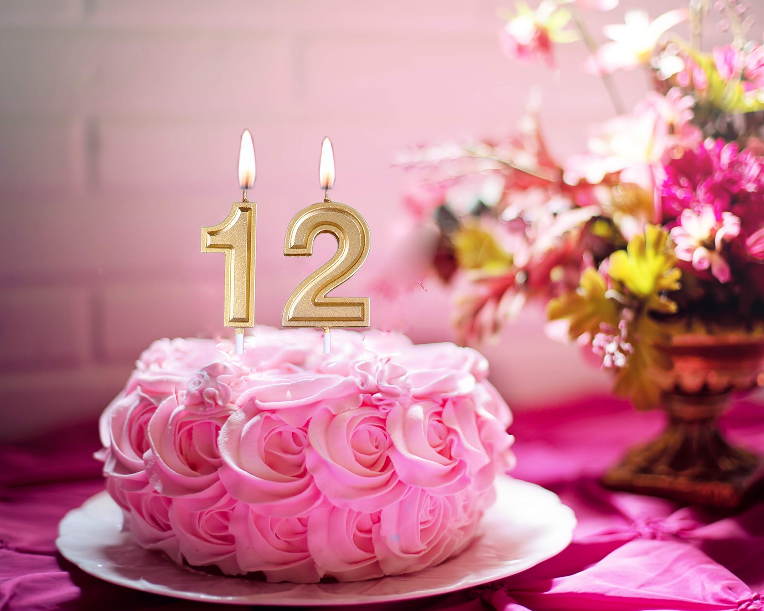 Gold Number 12 Birthday Candles - 3D Cake Topper Decorations For Anniversary Celebration