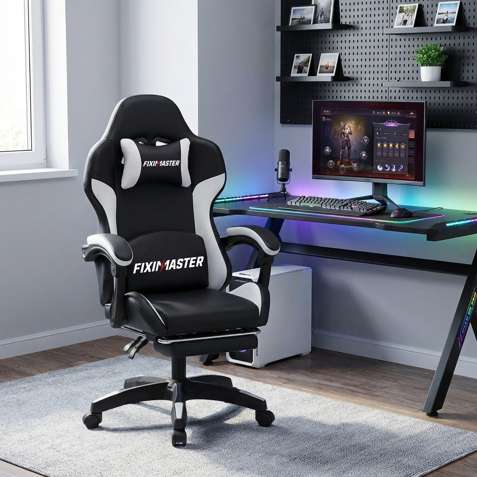 Bürostuhl Ergonomisch mit Fußstütze, Schreibtischstuhl, Racing-Design, Lenden- und Kopfstütze, PU-Kunstleder, Gaming Stuhl, Büro Stuhl, Computerstuhl, Neigbar bis 135°, Schwarz, 150KG