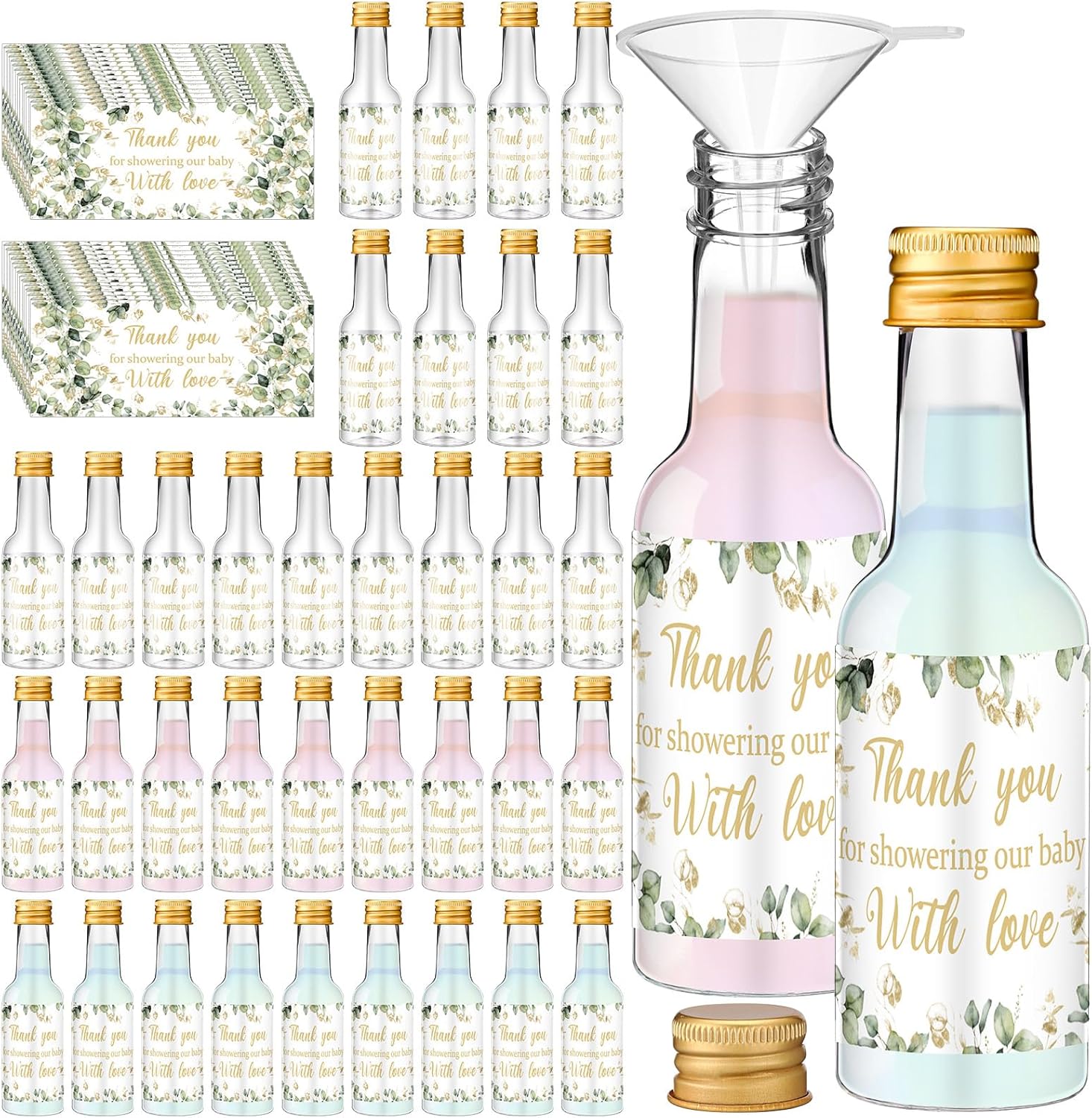 Chuangdi 50 Pack Baby Shower Mini Liquor Bottles 2oz Shot Bottle with Cap Baby Shower Favor for Guest Gender Reveal Party Favor Thank You Funnel Sticker for Guest Gift Newborn Baptism Party Decoration